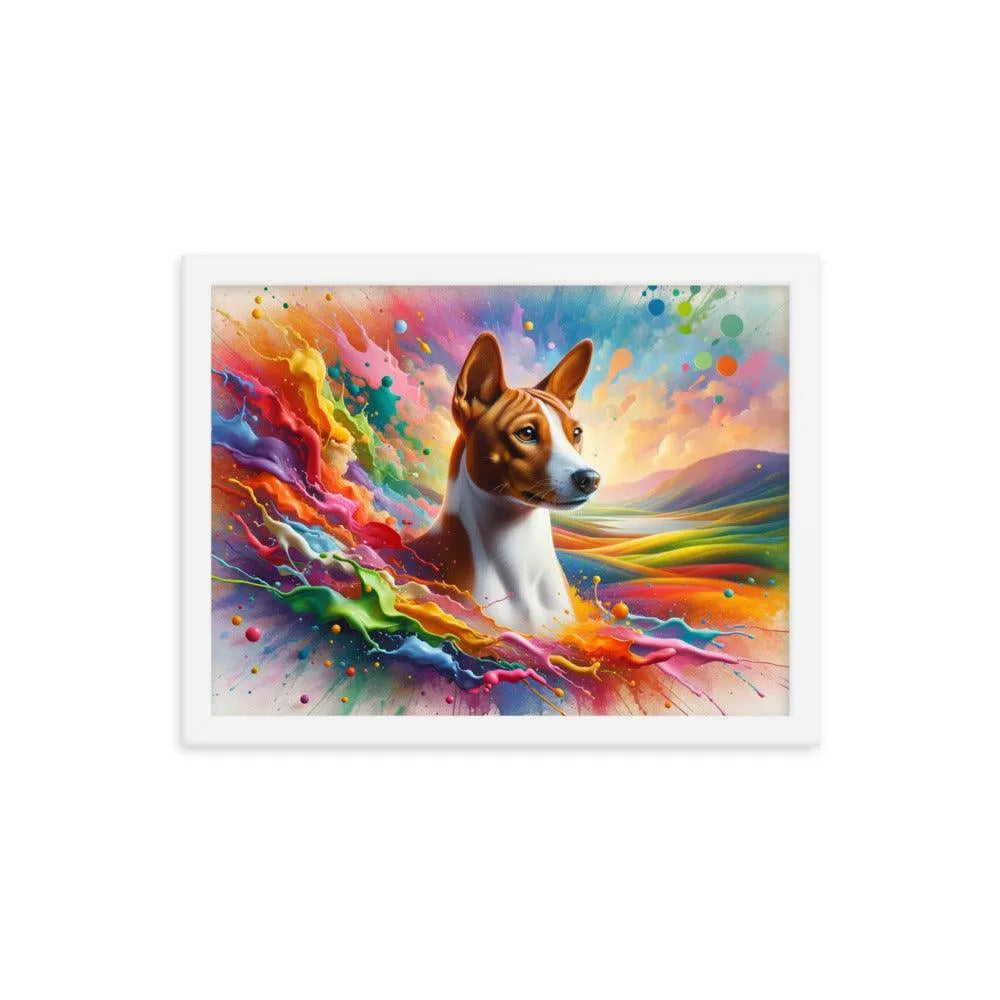 Realistic Basenji Dog Amidst Rainbow Splatter Framed Poster - Oh Posters