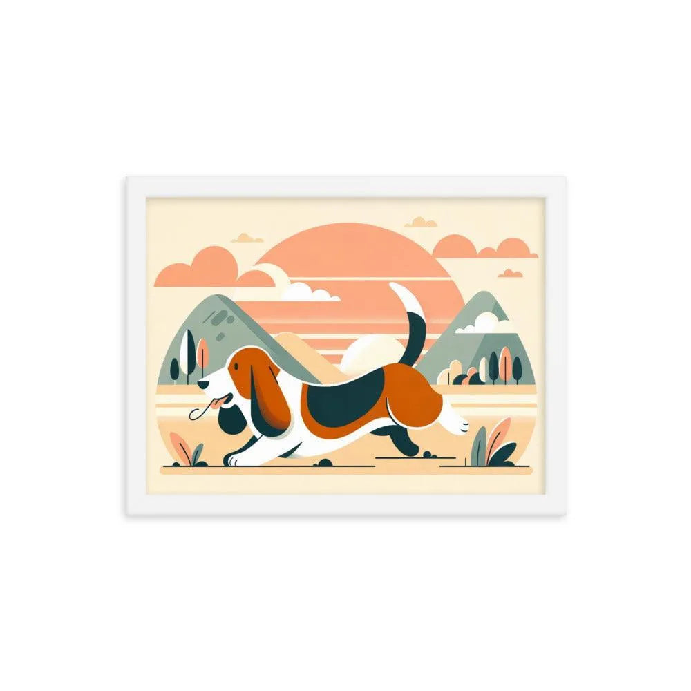 Joyful Basset Hound's Tail Chase Flat Art Framed Poster - Oh Posters