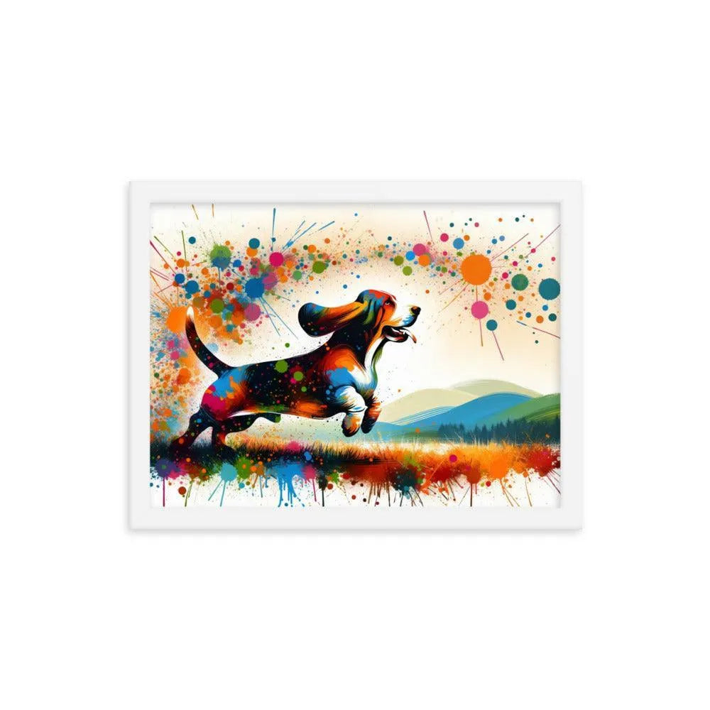 Joyful Basset Hound Playful Splatter Art Framed Poster - Oh Posters