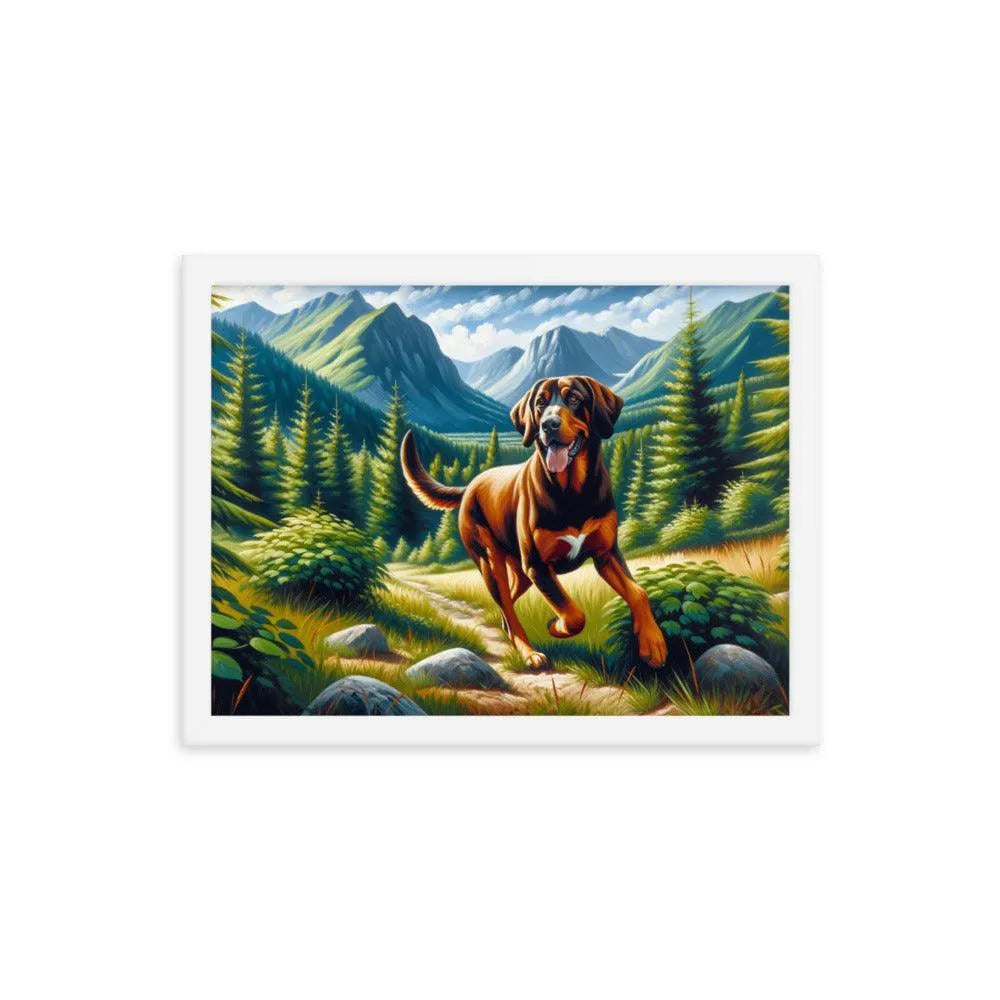 Playful Bavarian Mountain Hound in Mountain Forest Painting Framed Poster - Oh Posters