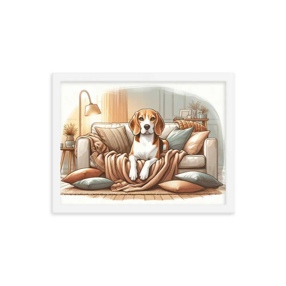 Cozy Beagle on the Couch Home Illustration Framed Poster - Oh Posters