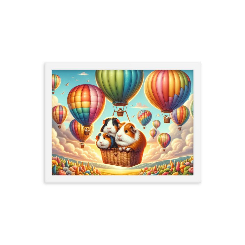 Guinea Pigs Soaring in Colorful Hot Air Balloons Illustration Framed Poster - Oh Posters