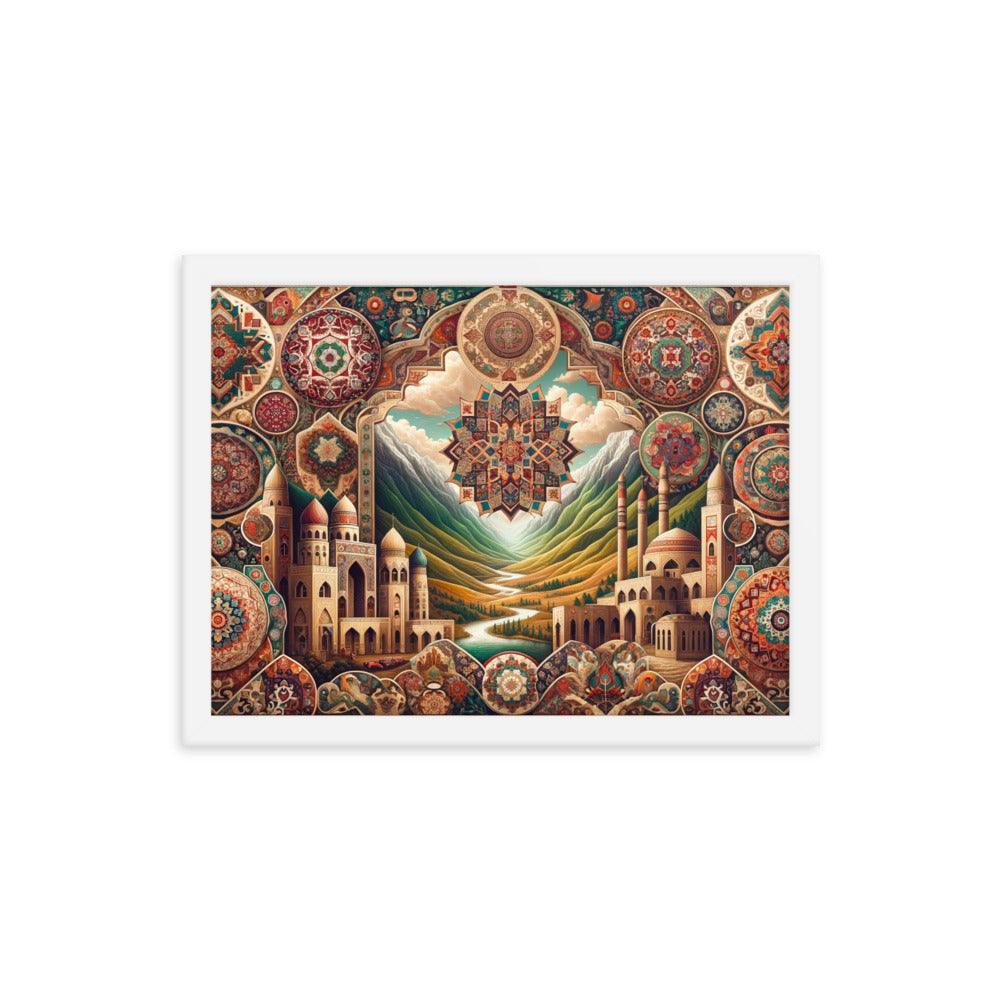 Captivating Azerbaijani Art Essence: Traditional Carpet Designs, Folkloric Symbols & Scenic Landscape Background Framed Poster - Oh Posters