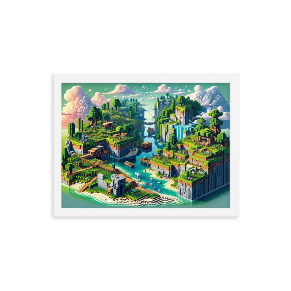 Minecraft Inspired Vibrant Block Landscape Digital Art Framed Poster - Oh Posters