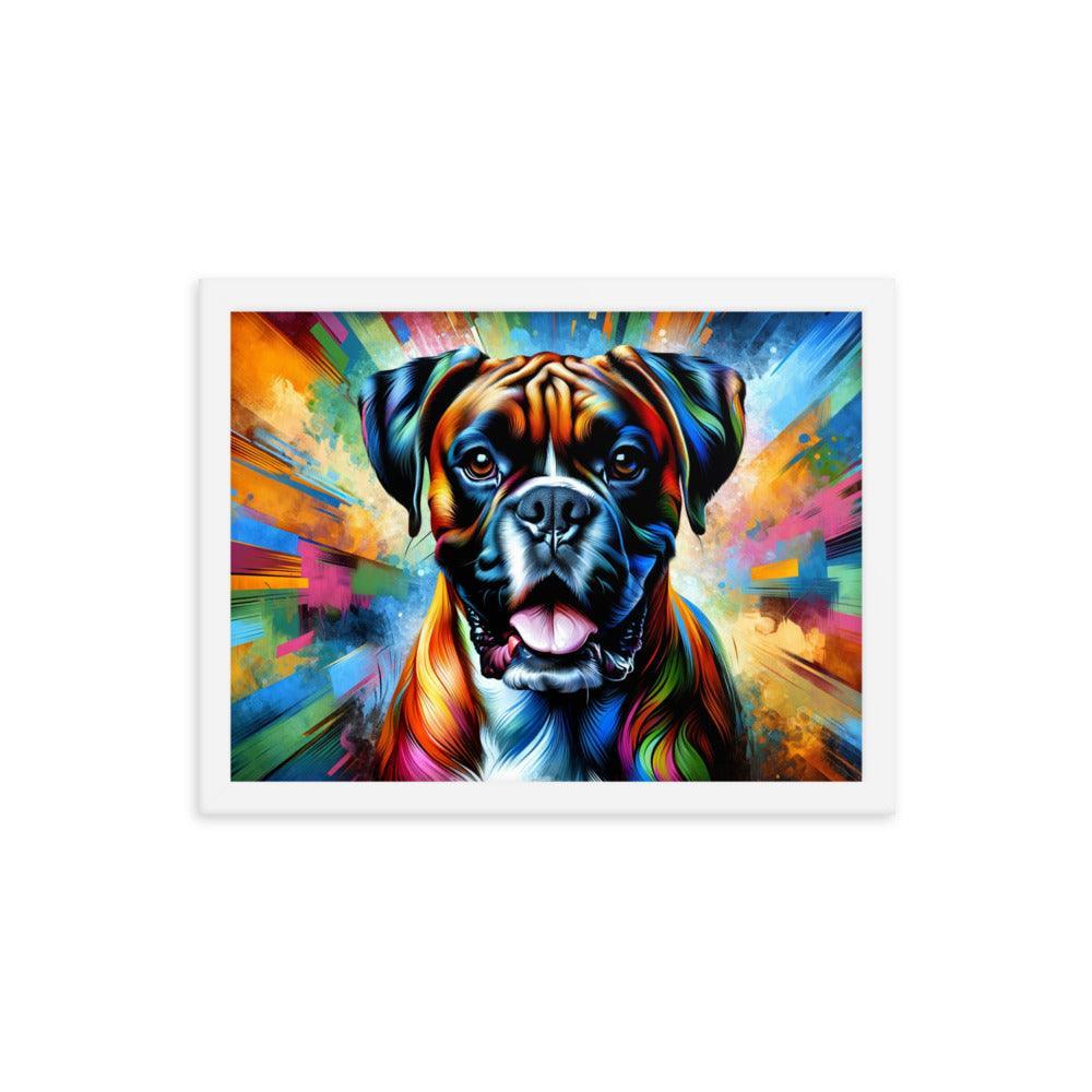 Vibrant Boxer Dog Energy in Colorful Abstract Art with Dynamic Pose Framed Poster - Oh Posters