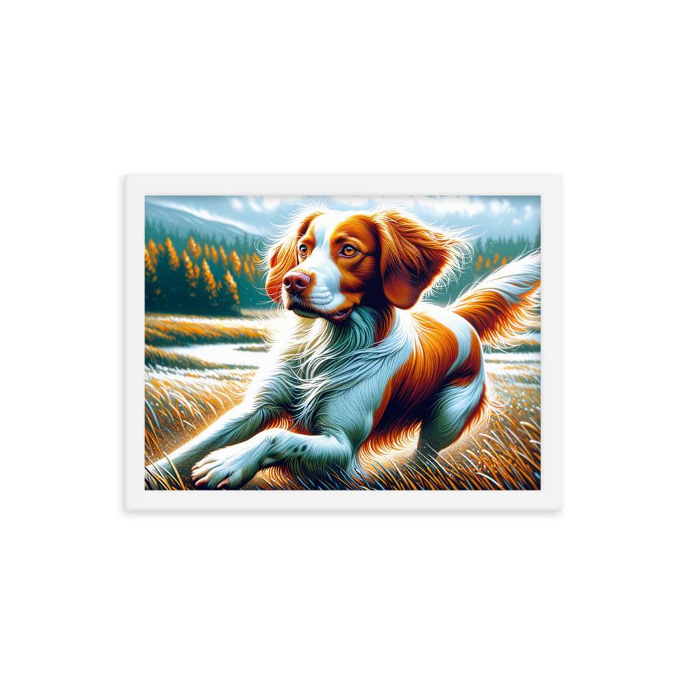 Brittany Dog in Nature Dynamic Pose with Vibrant Outdoor Scene Framed Poster - Oh Posters