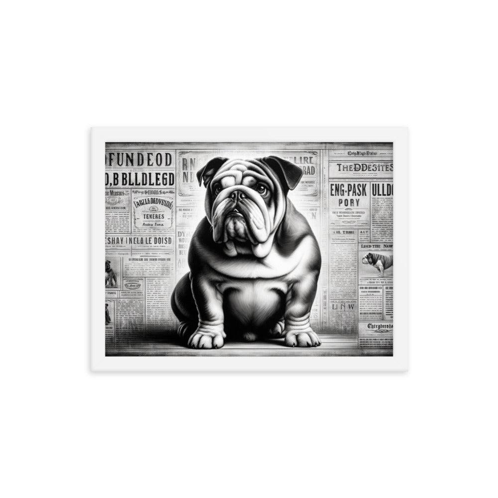 English Bulldog in Vintage Newspaper Style with Monochromatic Theme Art Framed Poster - Oh Posters