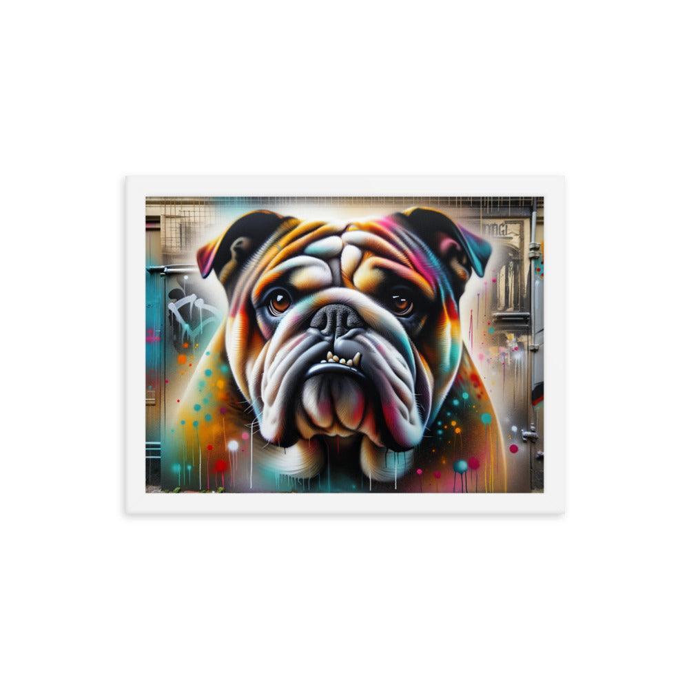 English Bulldog Graffiti Art with Vibrant Spray Paint and Urban Background Framed Poster - Oh Posters