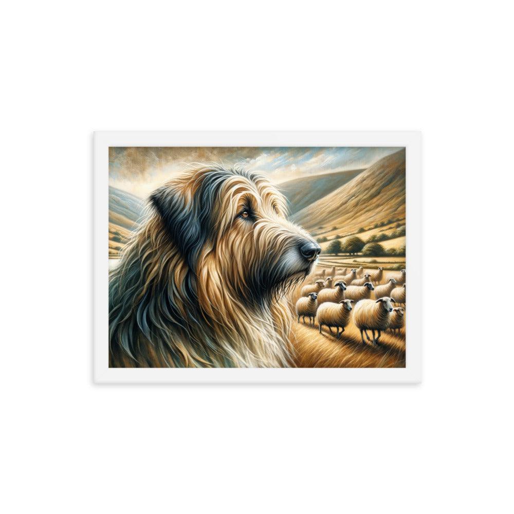 Catalan Sheepdog in Pastoral Setting with Flock and Rolling Hills Framed Poster - Oh Posters