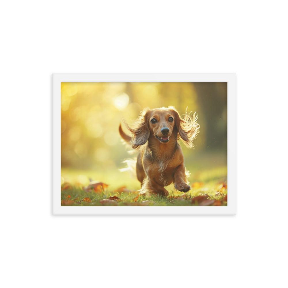 Joyful Long-Haired Dachshund's Playful in Autumn Framed Poster - Oh Posters