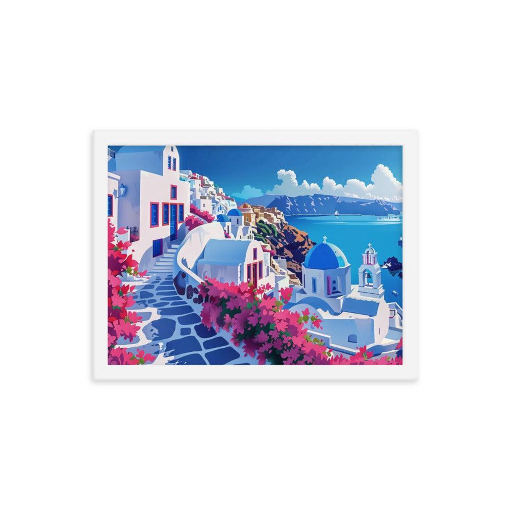 Greece Santorini Vibrant Floral Pathway Framed Poster - Oh Posters