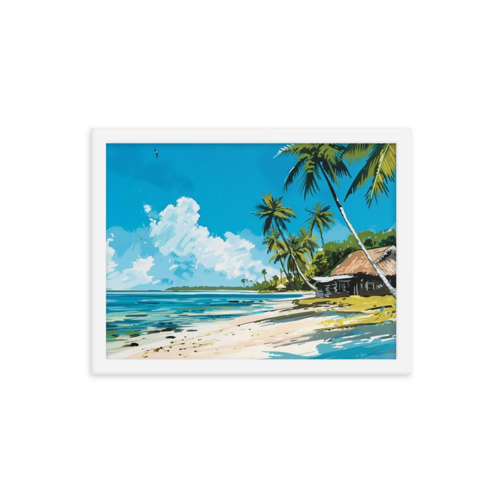 Kiribati Tropical Beach Hut Illustration Framed Poster - Oh Posters