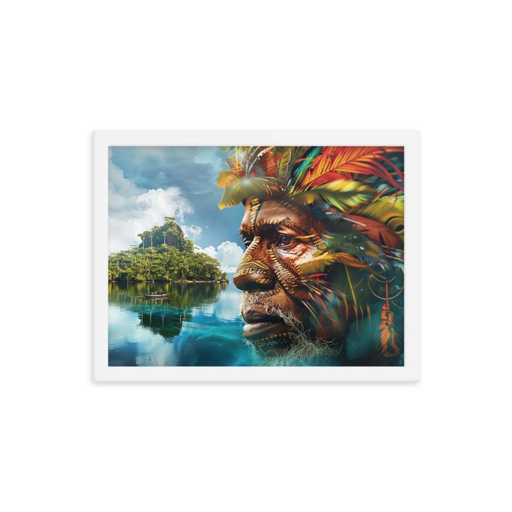 Papua New Guinea Indigenous Portrait and Island Landscape Framed Poster - Oh Posters