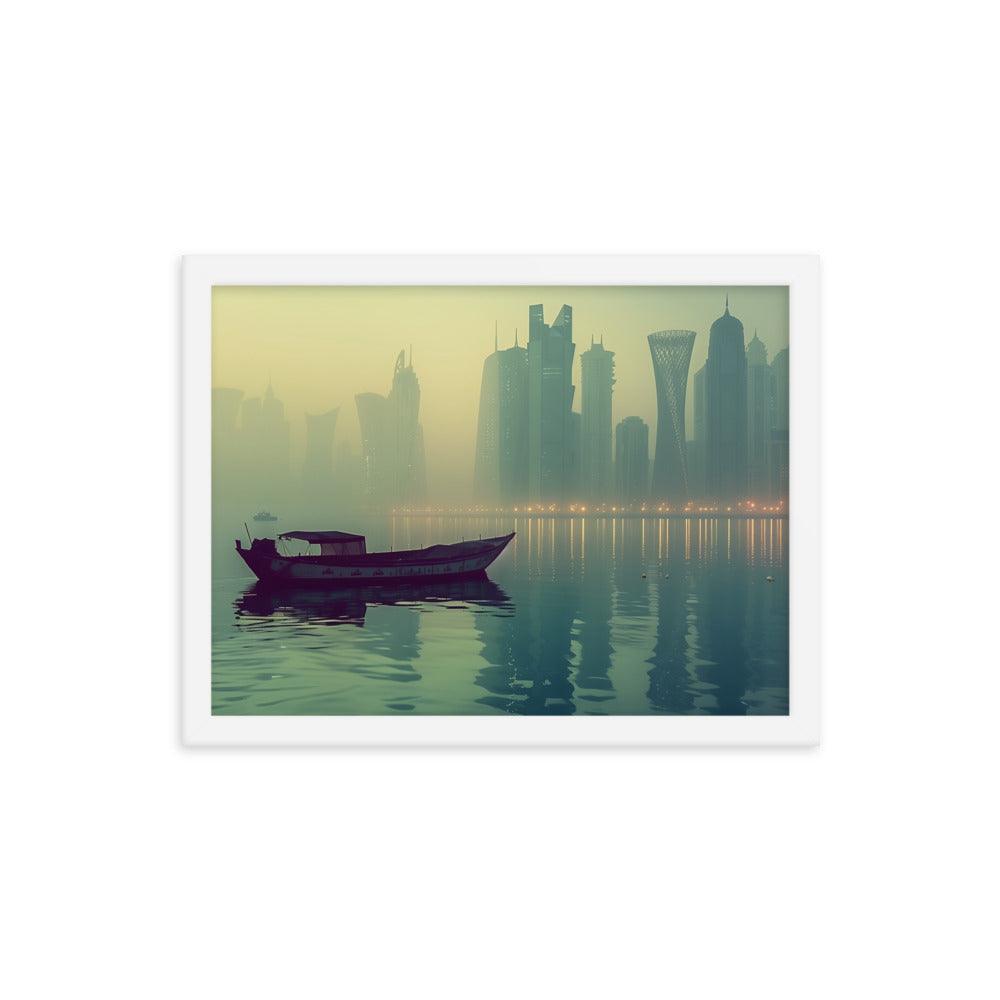 Qatar Foggy City Skyline Reflective Water Framed Poster - Oh Posters