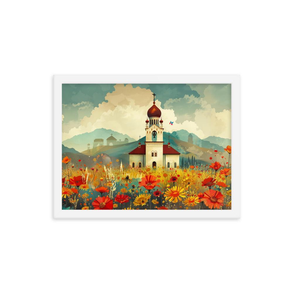 Romania Mountain Church Field of Flowers Framed Poster - Oh Posters