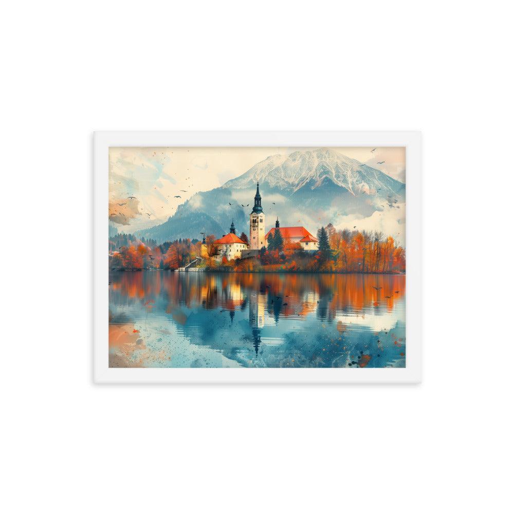 Slovenia Autumn Lakeside Church Reflection Framed Poster - Oh Posters