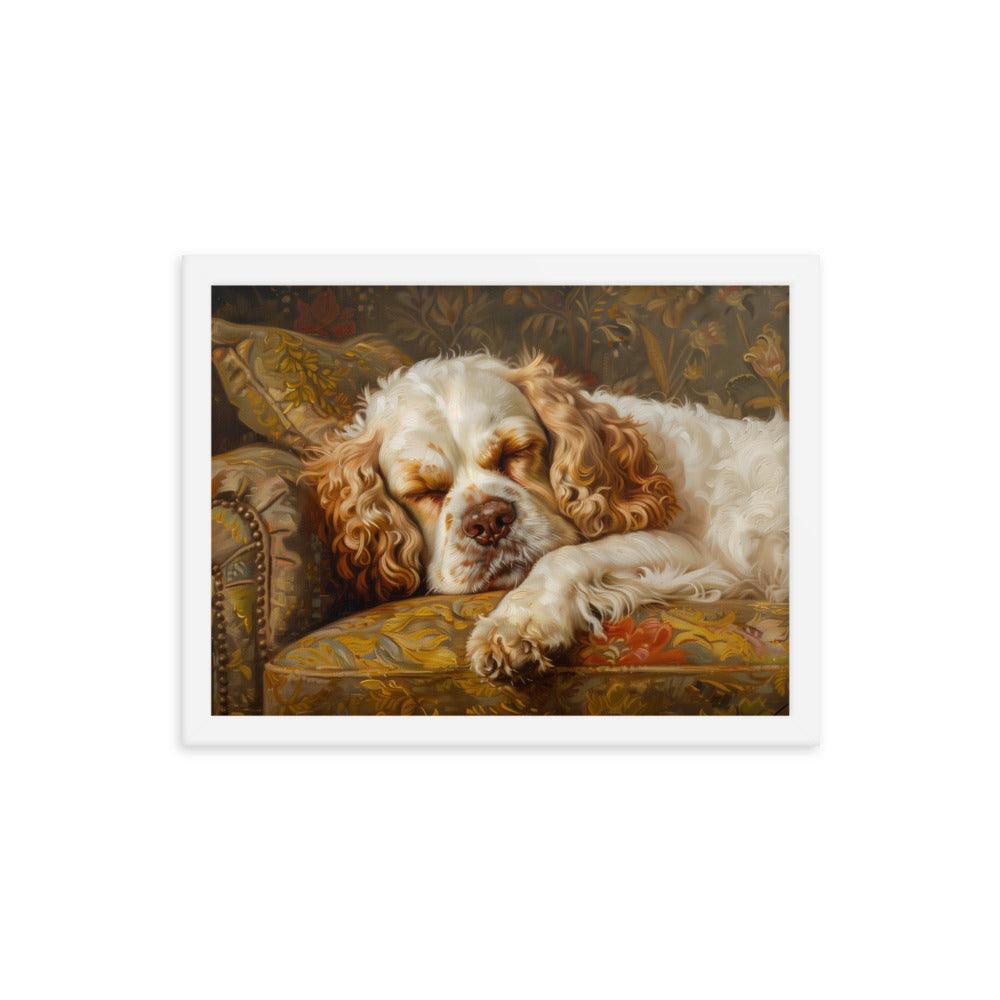 Clumber Spaniel Sleeping on Floral Sofa Painting Framed Poster - Oh Posters