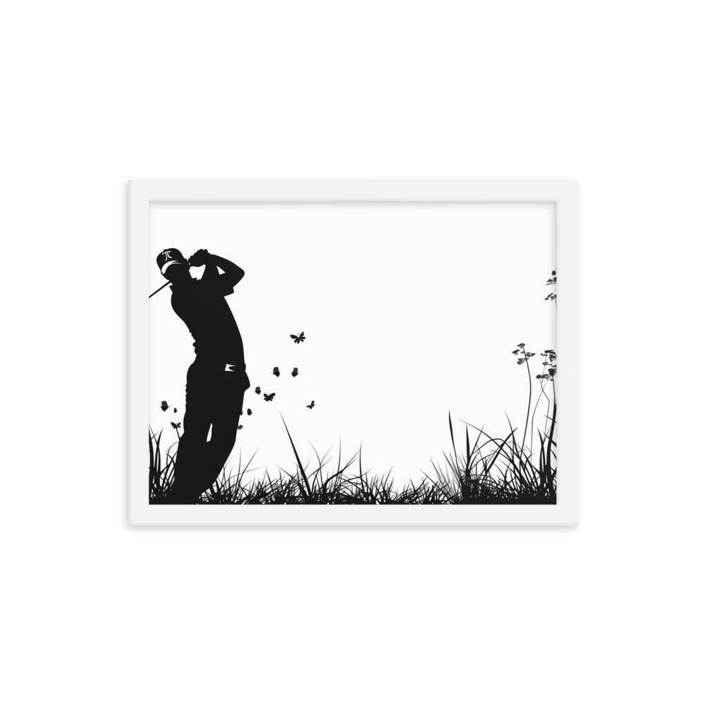 Golfer Silhouette Swinging Action Black and White Art Framed Poster - Oh Posters