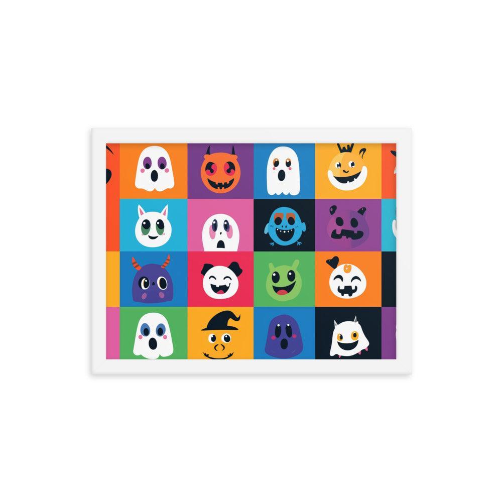 Cheerful Halloween Ghosts and Pumpkins Cartoon Faces Framed Poster - Oh Posters