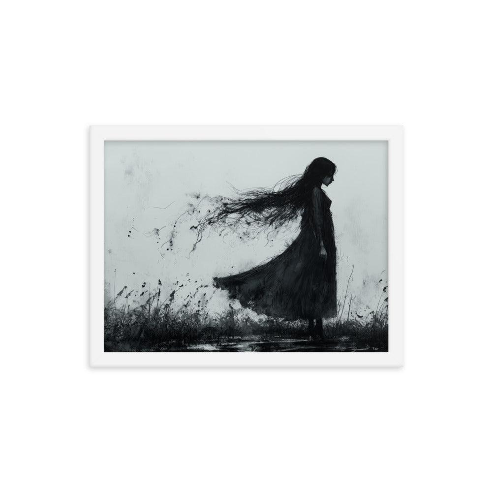 Dark Silhouette Woman in Gloomy Field Ink Illustration Framed Poster - Oh Posters