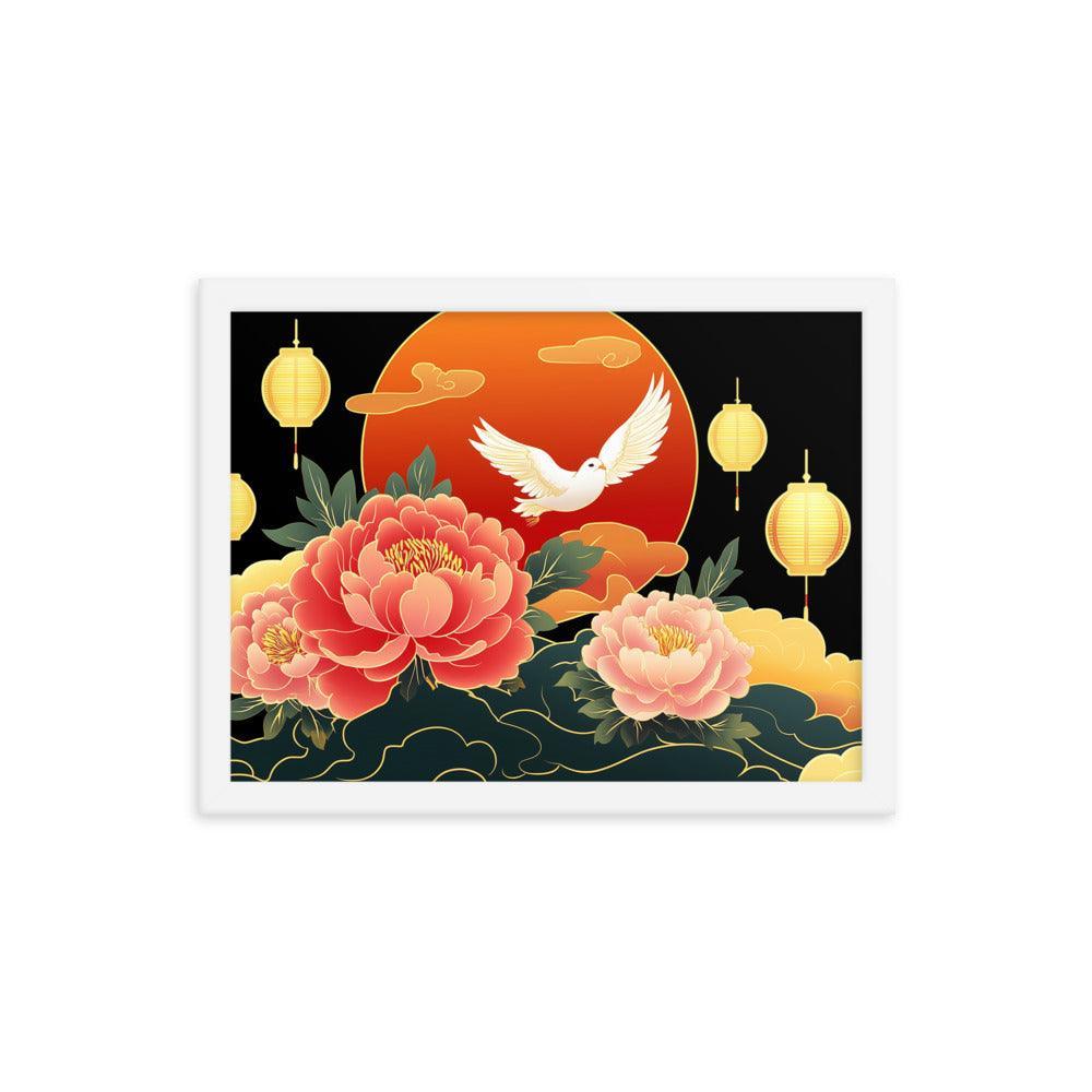 Chinese Traditional Floral Design with Lanterns and Dove Illustration Framed Poster - Oh Posters