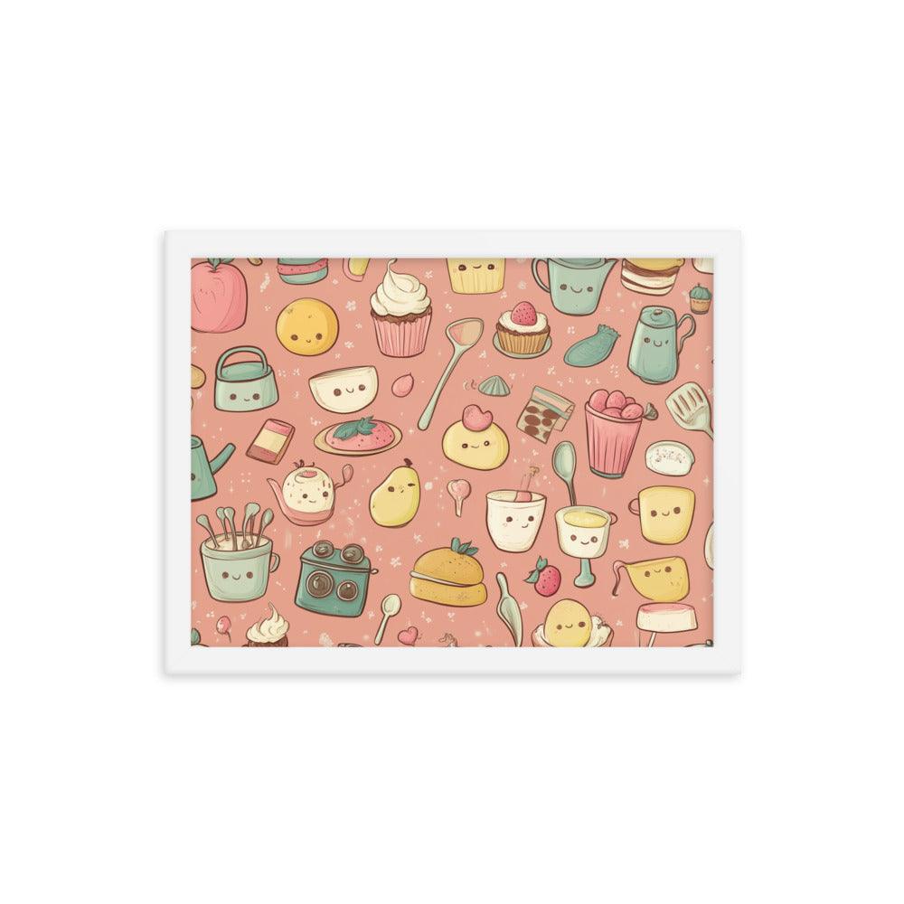 Kawaii Food and Kitchen Utensils Cute Doodle Pattern Framed Poster - Oh Posters