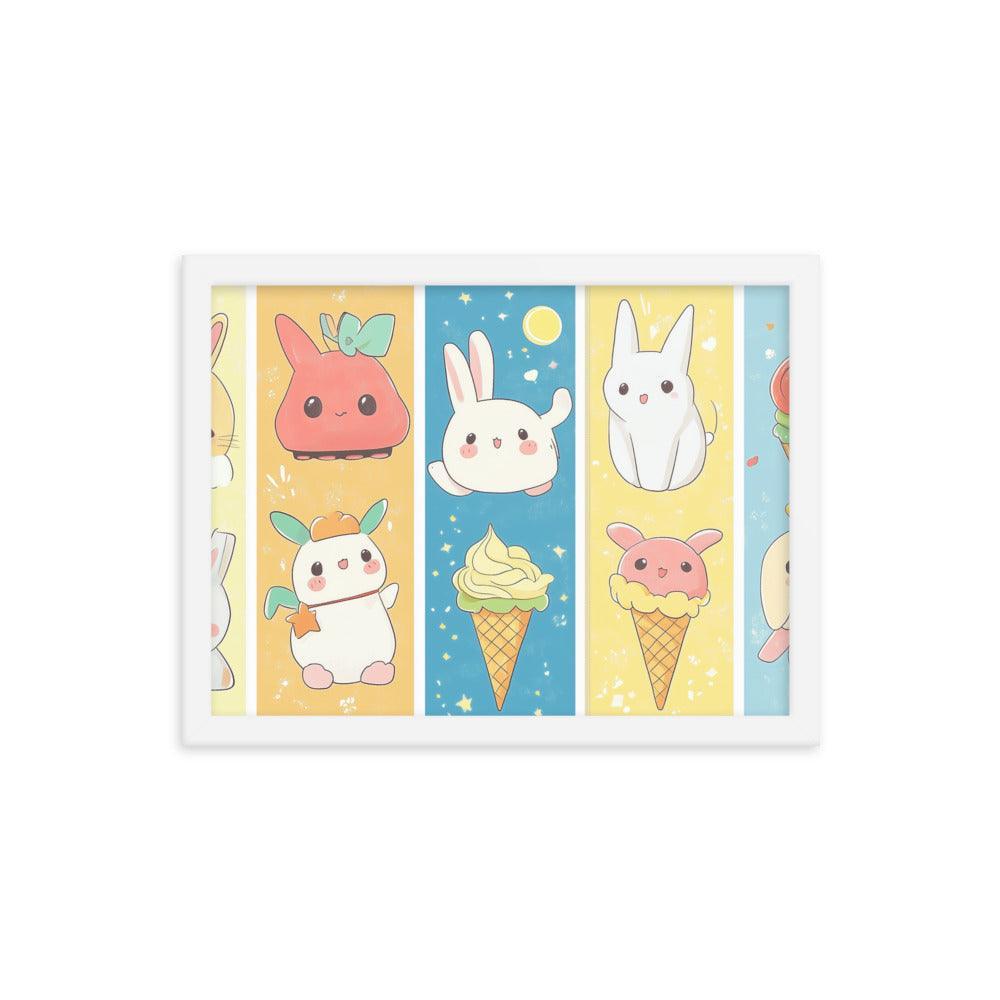 Kawaii Bunnies and Ice Cream Cute Character Strip Digital Art Framed Poster - Oh Posters