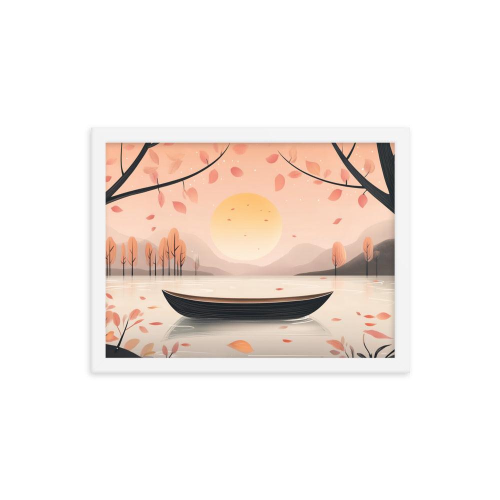 Peaceful Autumn Lake Scene with Soft Sunset and Falling Leaves Framed Poster - Oh Posters