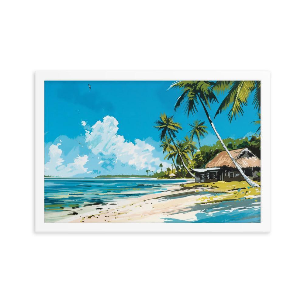 Kiribati Tropical Beach Hut Illustration Framed Poster - Oh Posters