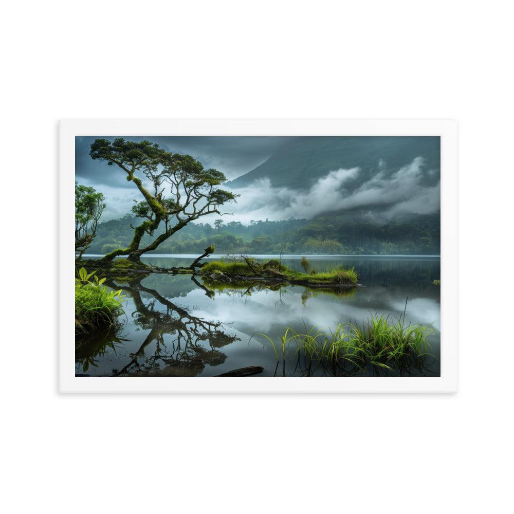 Indonesia Serene Lake Misty Mountains Framed Poster - Oh Posters