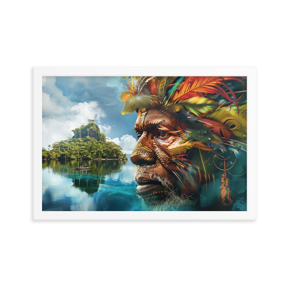 Papua New Guinea Indigenous Portrait and Island Landscape Framed Poster - Oh Posters