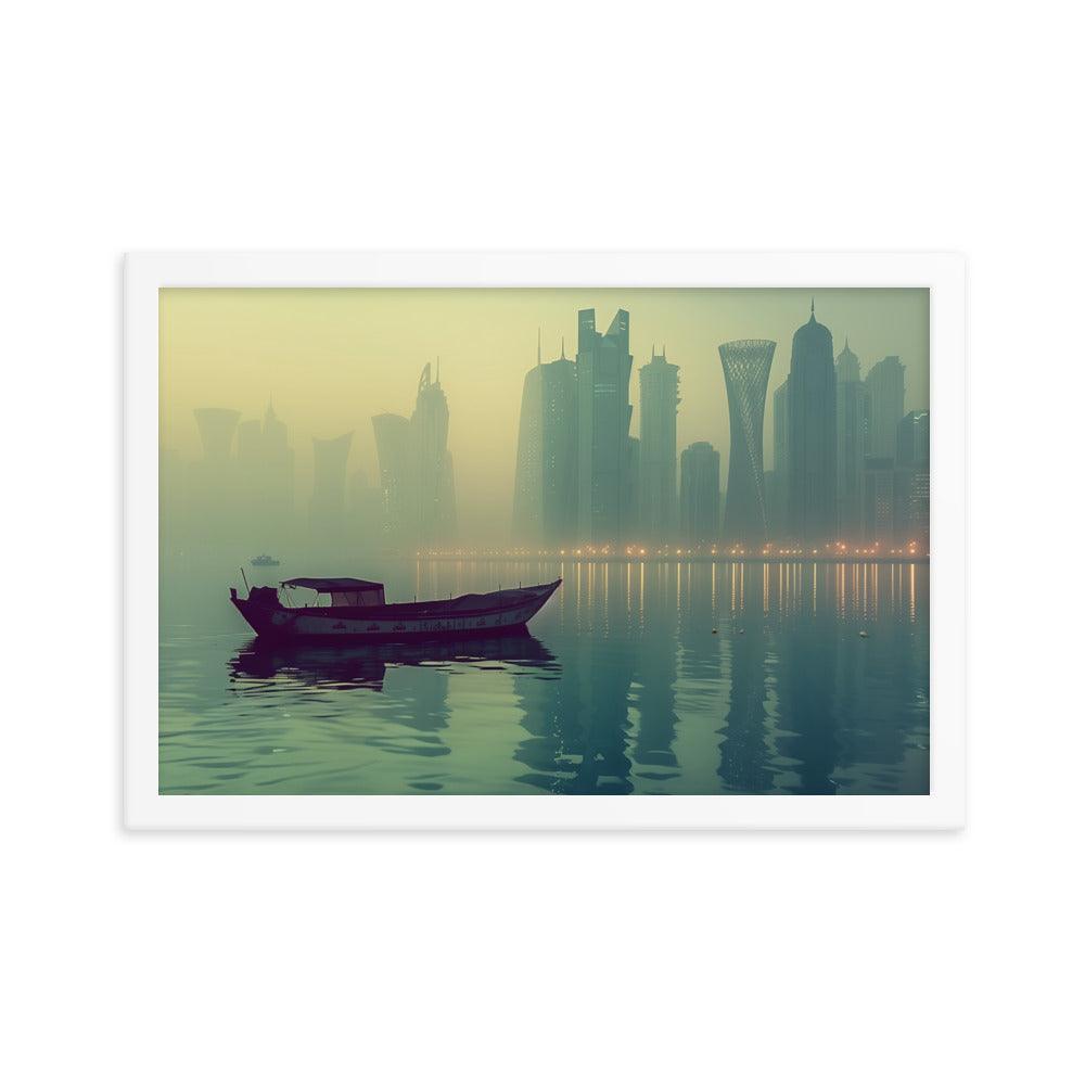 Qatar Foggy City Skyline Reflective Water Framed Poster - Oh Posters