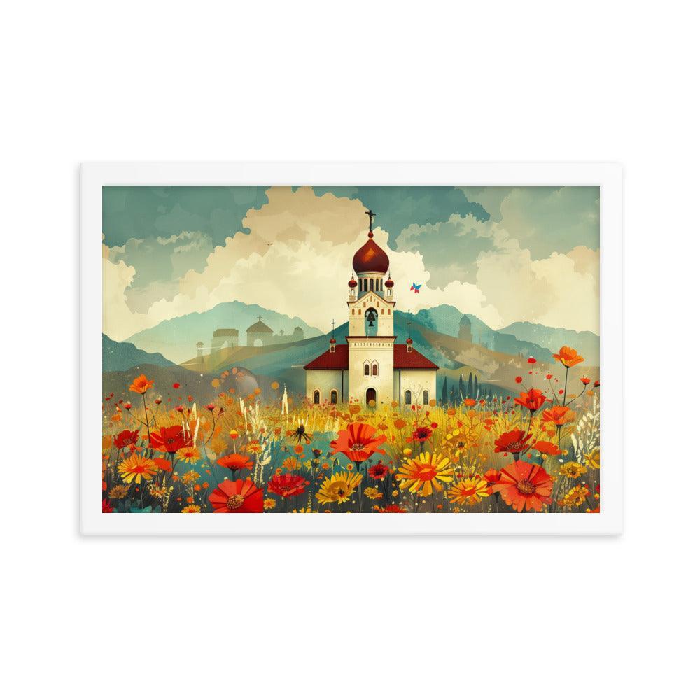 Romania Mountain Church Field of Flowers Framed Poster - Oh Posters