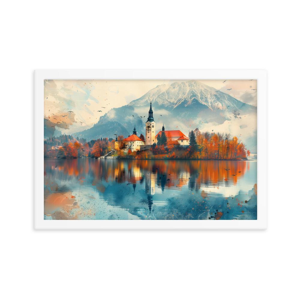 Slovenia Autumn Lakeside Church Reflection Framed Poster - Oh Posters