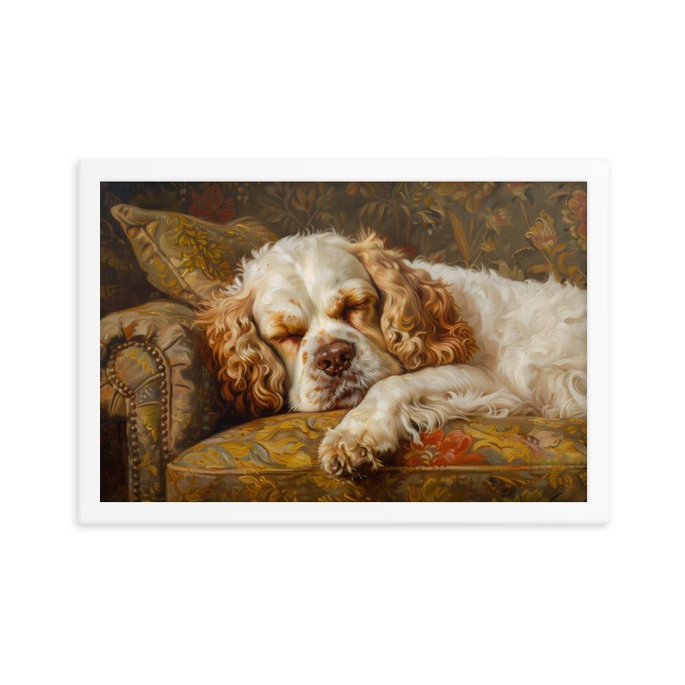 Clumber Spaniel Sleeping on Floral Sofa Painting Framed Poster - Oh Posters