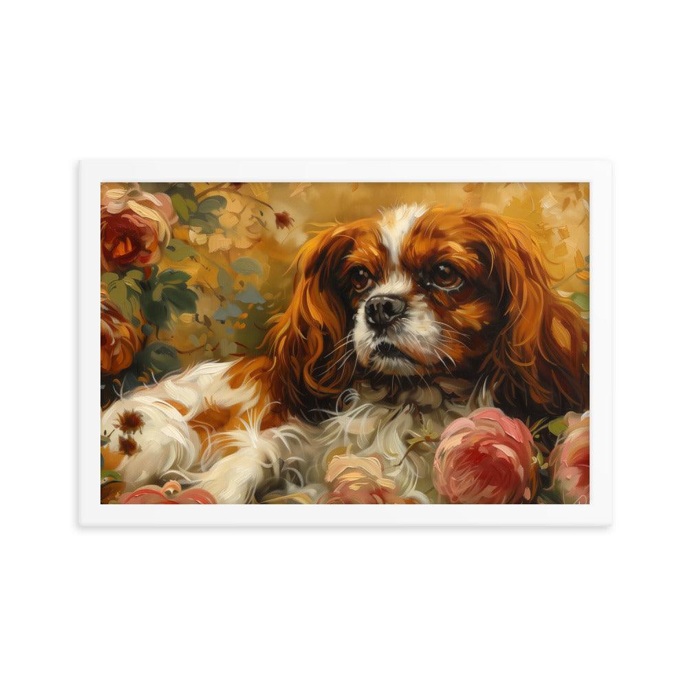 English Toy Spaniel Lying Among Roses Painting Framed Poster - Oh Posters