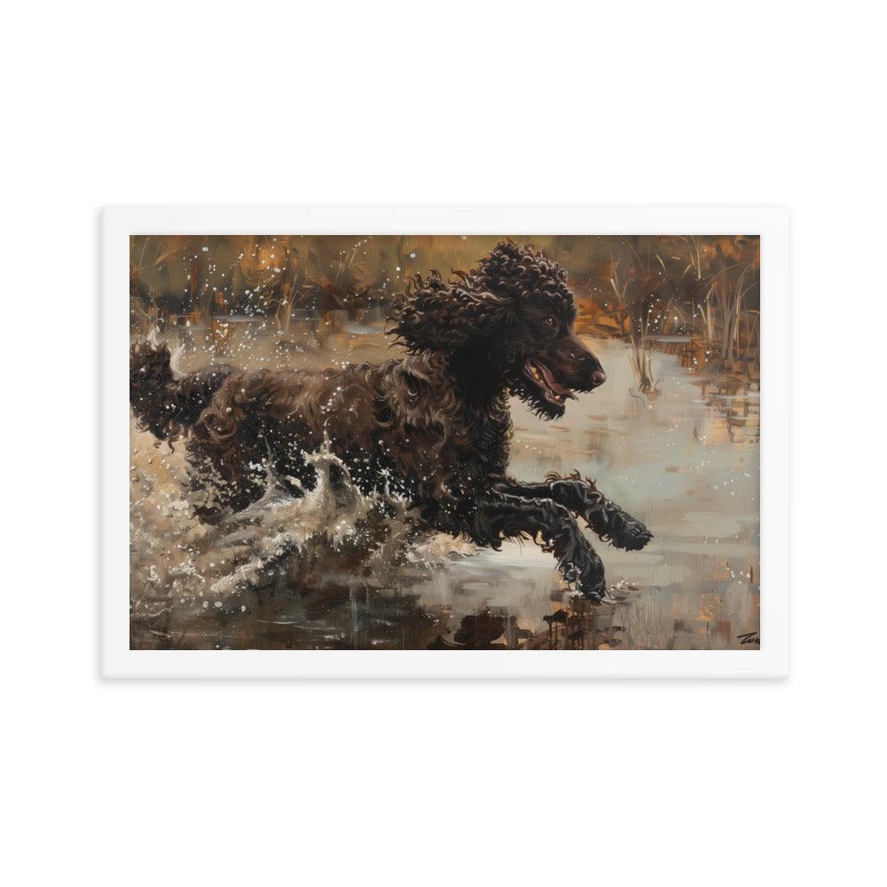 Irish Water Spaniel Splashing in Lake Art Framed Poster - Oh Posters