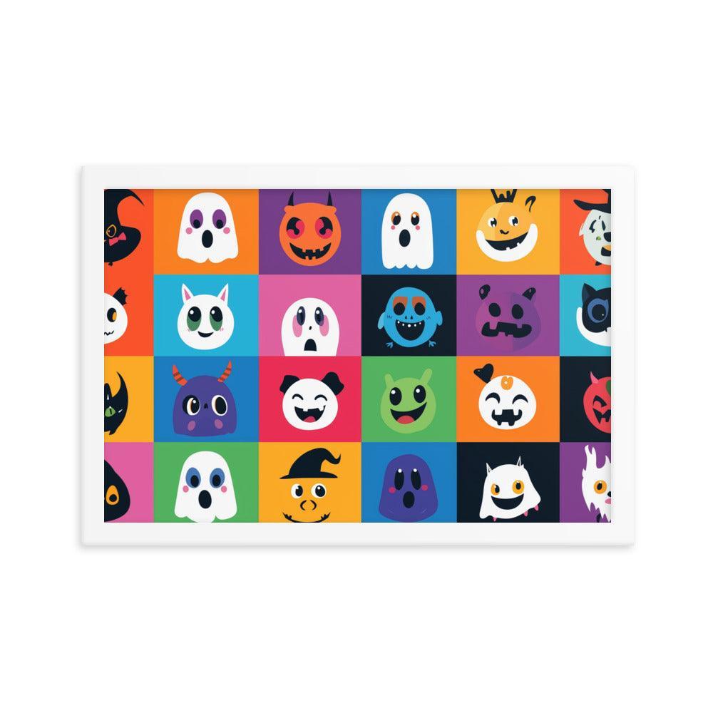 Cheerful Halloween Ghosts and Pumpkins Cartoon Faces Framed Poster - Oh Posters