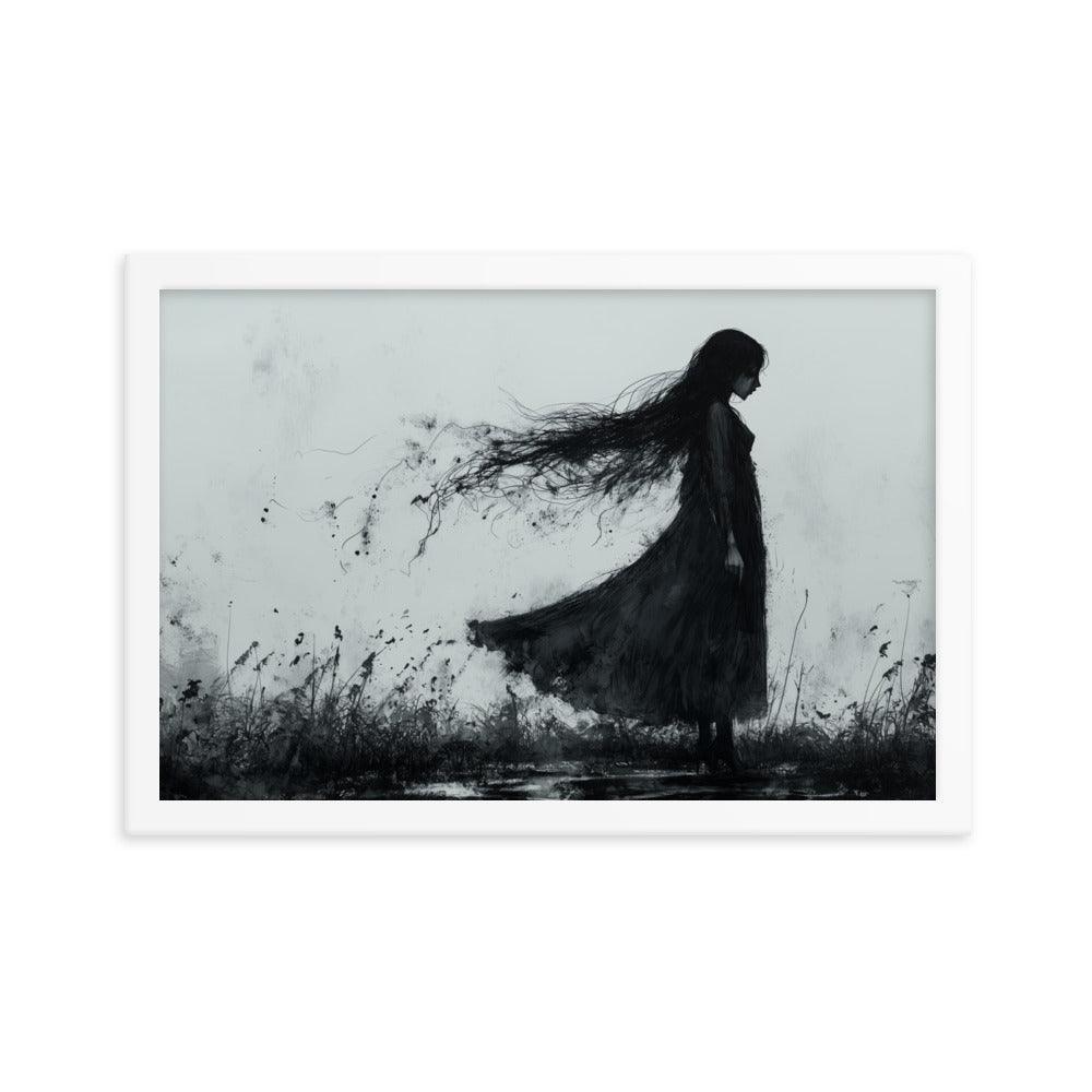 Dark Silhouette Woman in Gloomy Field Ink Illustration Framed Poster - Oh Posters