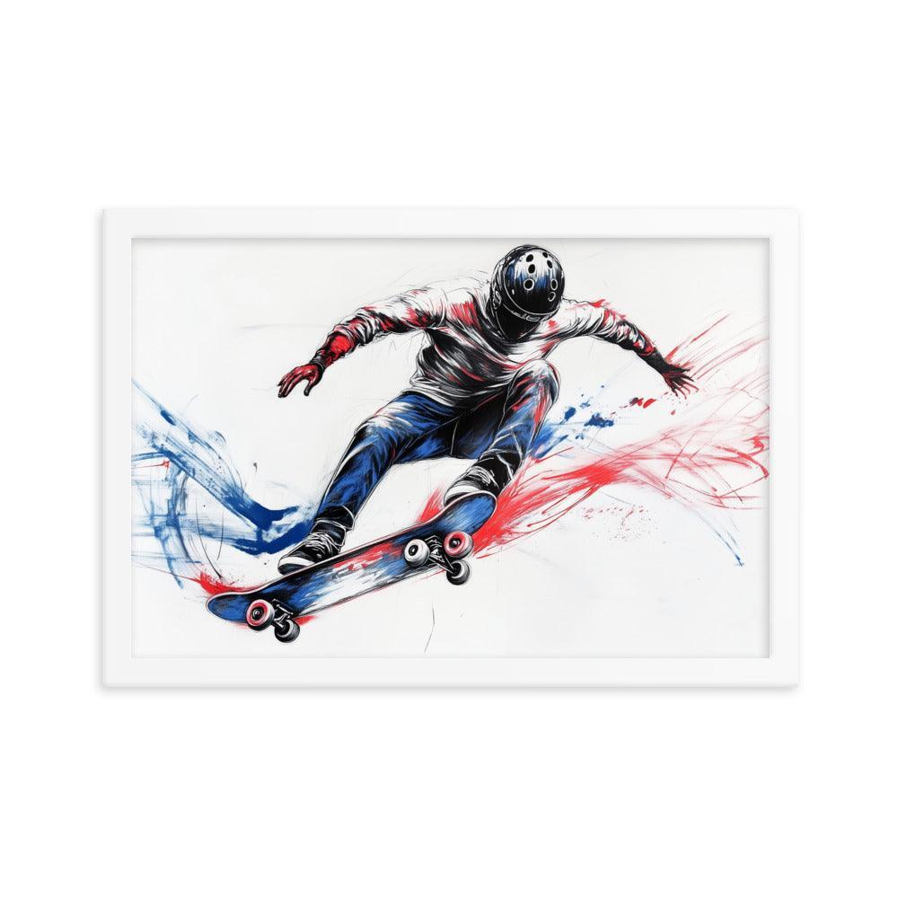 High-Energy Skateboarder with Helmet Abstract Sketch Framed Poster - Oh Posters