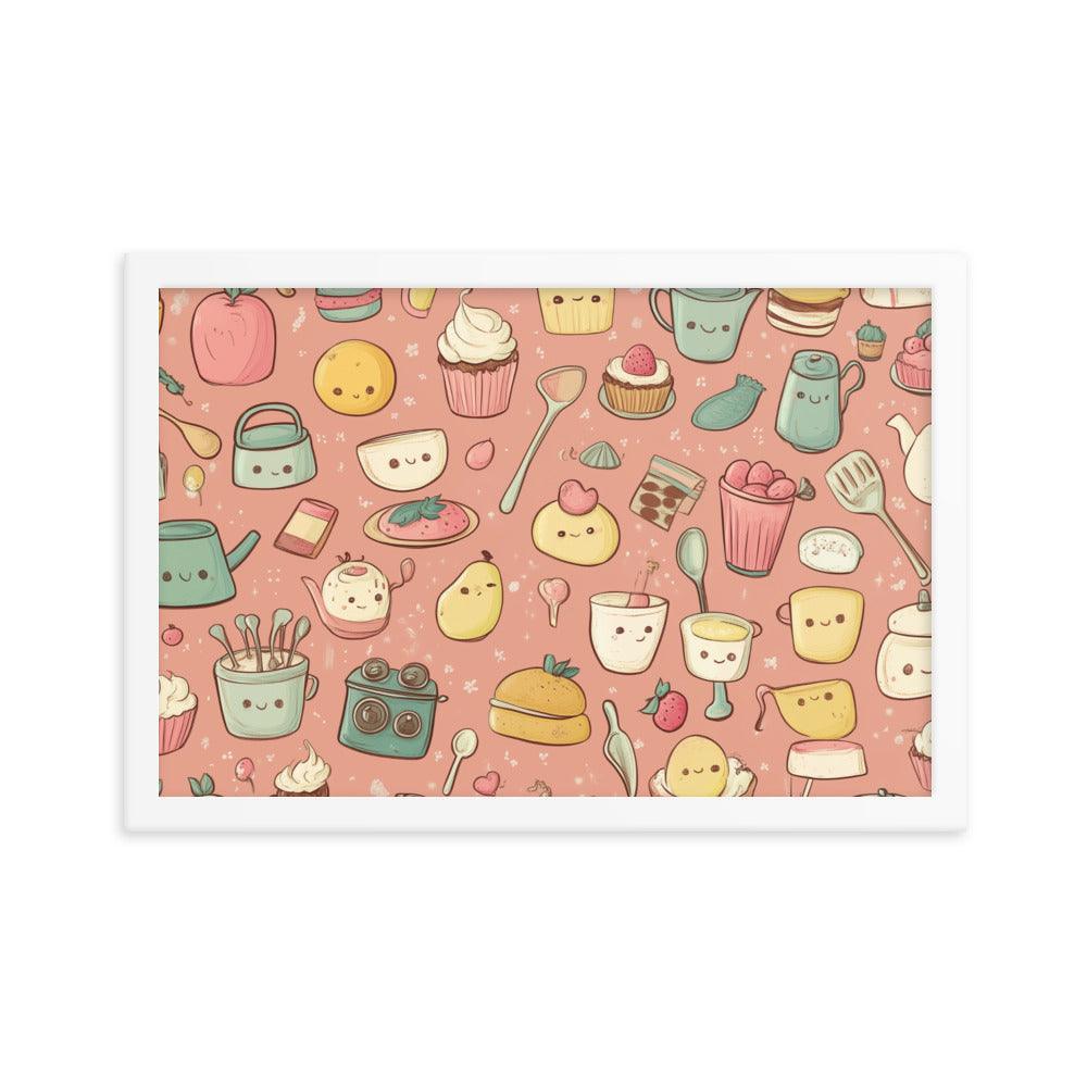 Kawaii Food and Kitchen Utensils Cute Doodle Pattern Framed Poster - Oh Posters