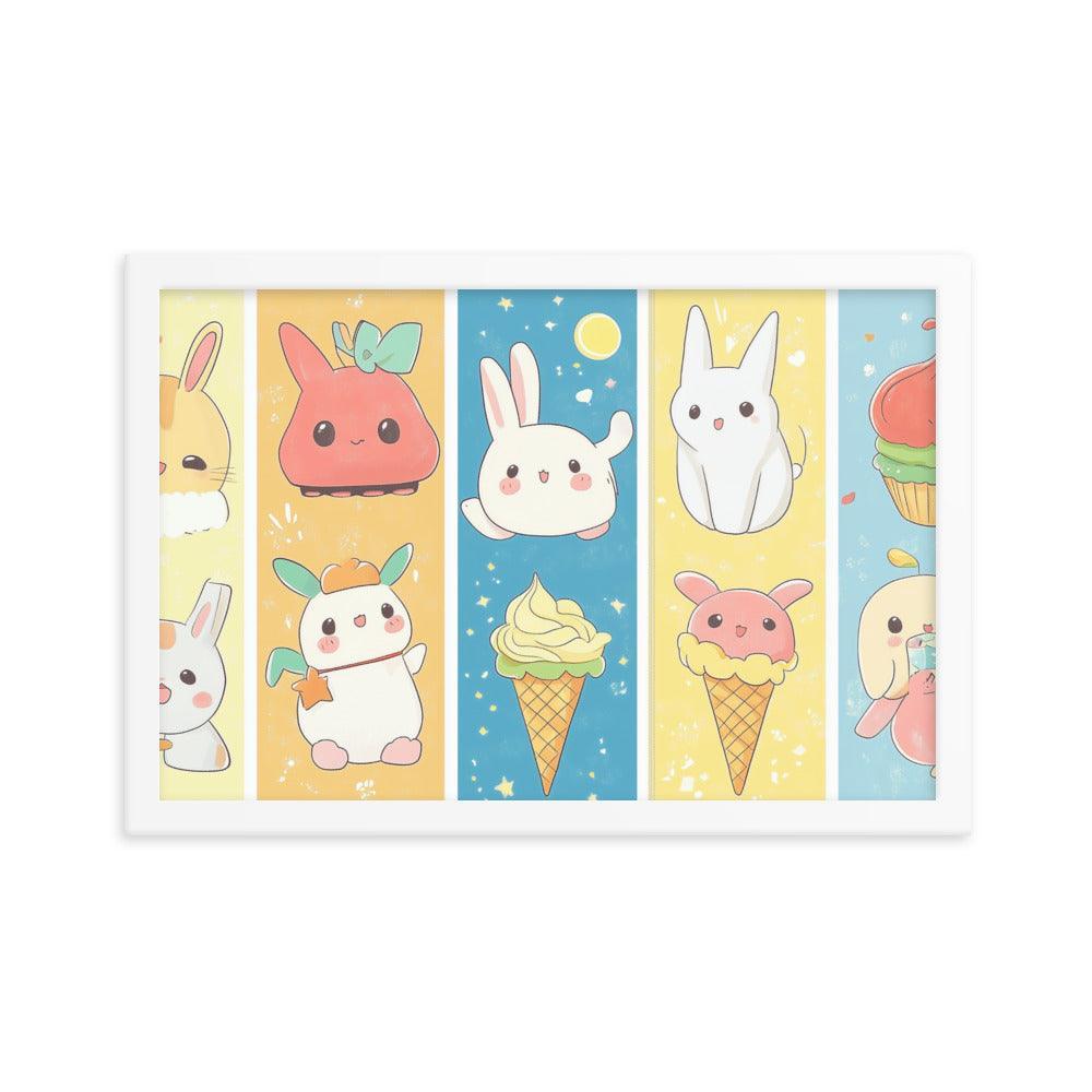 Kawaii Bunnies and Ice Cream Cute Character Strip Digital Art Framed Poster - Oh Posters