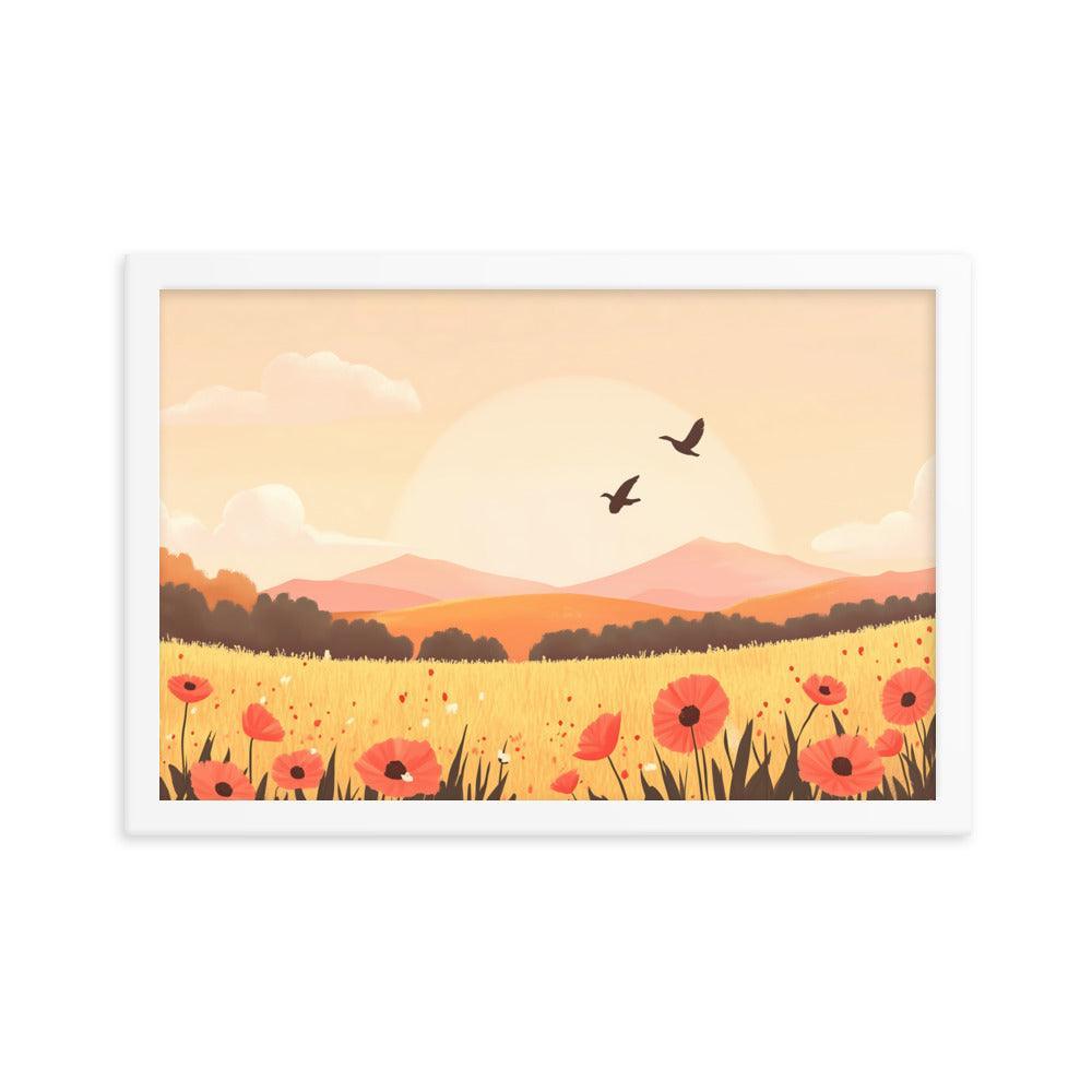 Sunset Field with Poppies and Birds in Pastel Landscape Framed Poster - Oh Posters