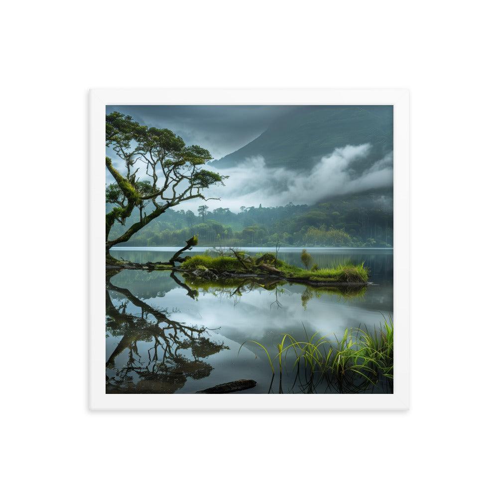 Indonesia Serene Lake Misty Mountains Framed Poster - Oh Posters