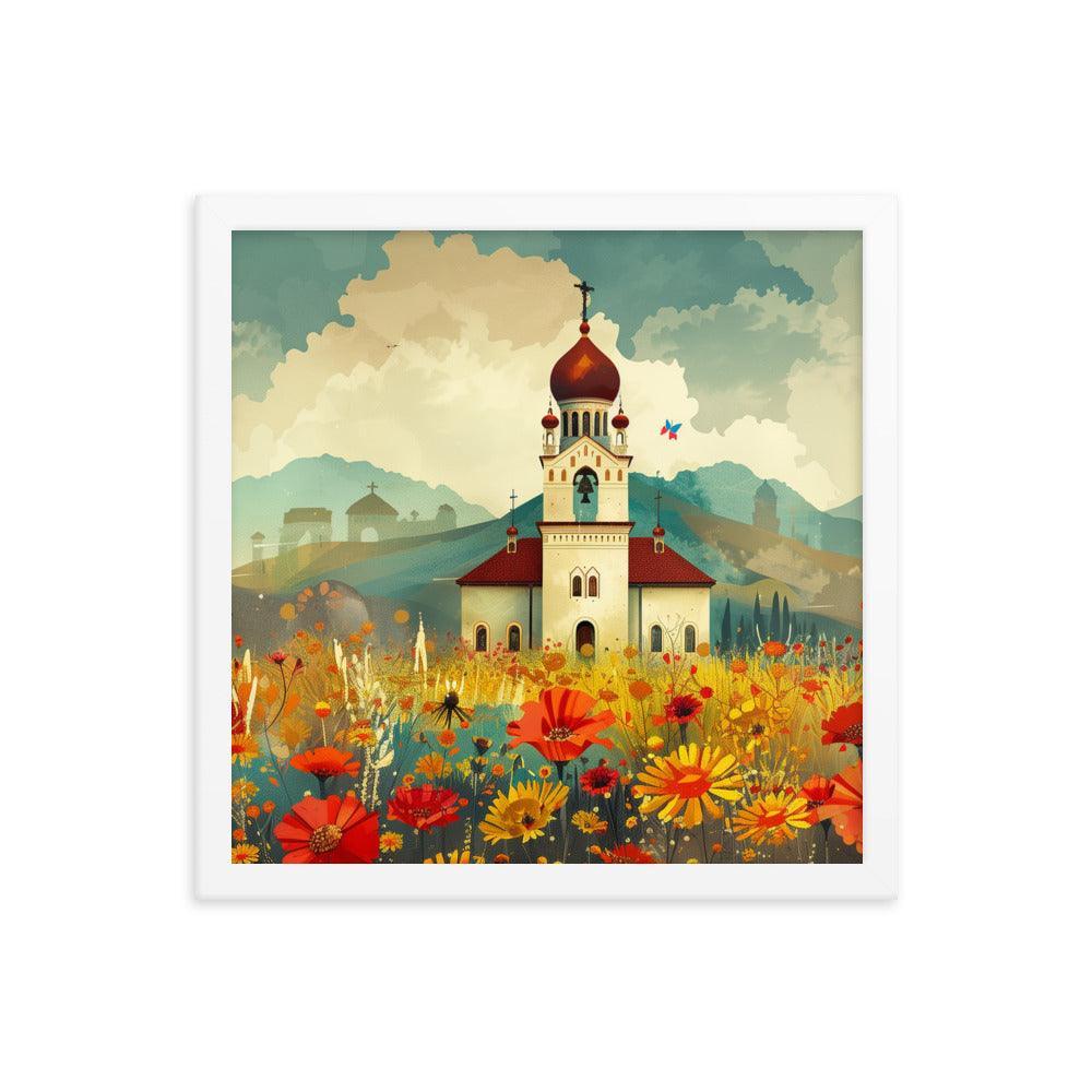 Romania Mountain Church Field of Flowers Framed Poster - Oh Posters