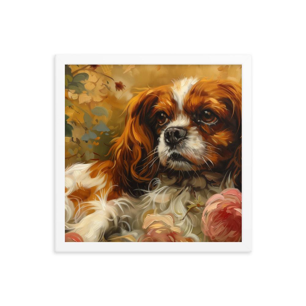 English Toy Spaniel Lying Among Roses Painting Framed Poster - Oh Posters