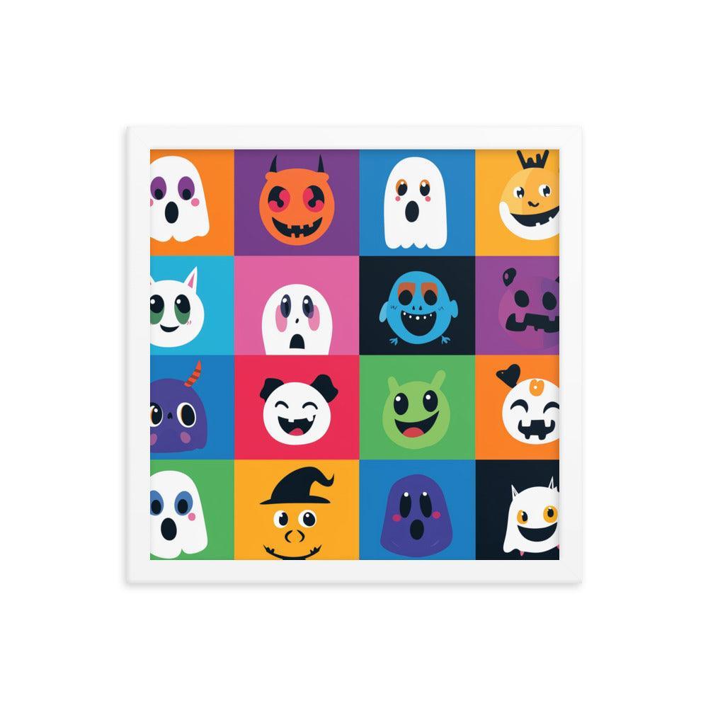 Cheerful Halloween Ghosts and Pumpkins Cartoon Faces Framed Poster - Oh Posters