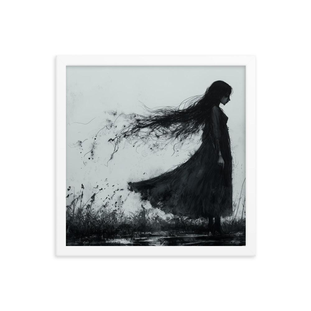 Dark Silhouette Woman in Gloomy Field Ink Illustration Framed Poster - Oh Posters