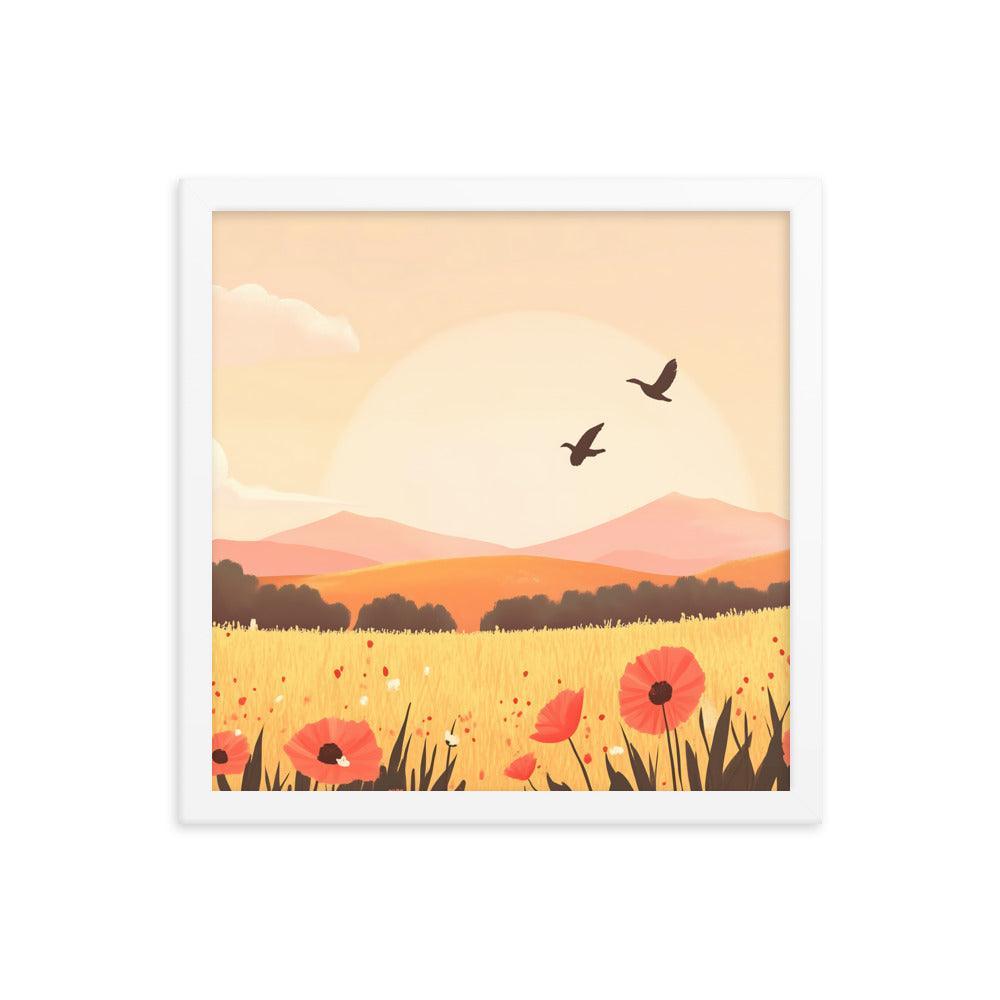 Sunset Field with Poppies and Birds in Pastel Landscape Framed Poster - Oh Posters
