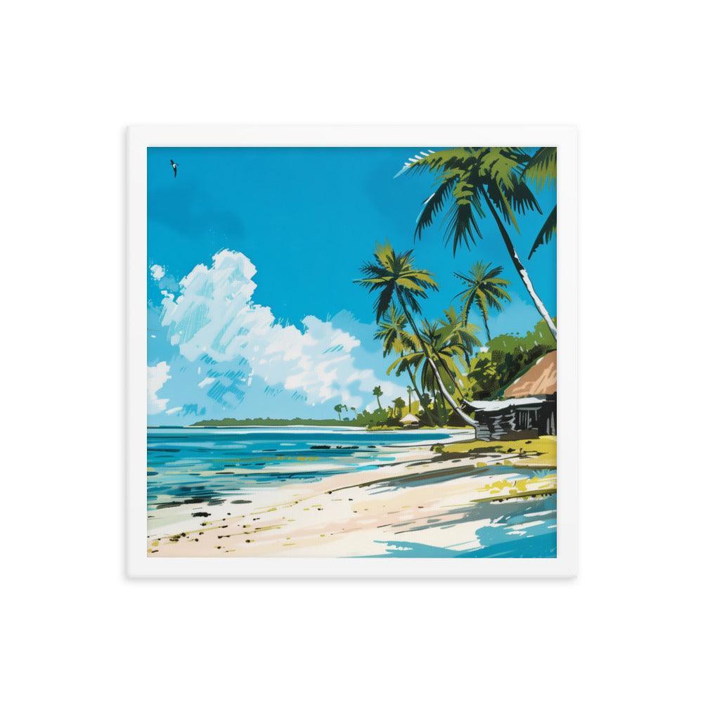 Kiribati Tropical Beach Hut Illustration Framed Poster - Oh Posters